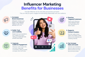 Influencer marketing helps businesses increase brand awareness, build customer trust, reach the right audience, boost engagement, and drive more sales.