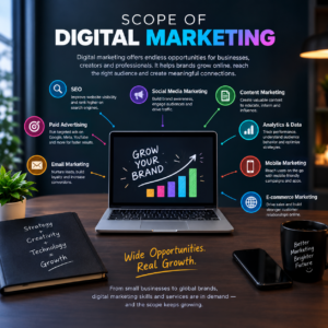 Digital marketing offers diverse career opportunities in SEO, social media, content creation, paid advertising, email marketing, analytics, and e-commerce, helping businesses grow their online presence.